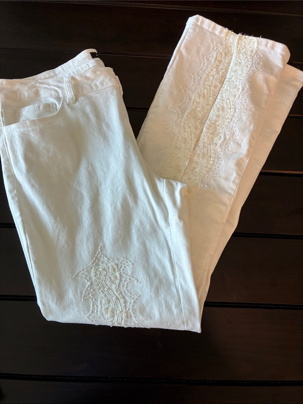 Juliette White Pearl Beaded/Embroidered Design Slim Pants with Pearls
